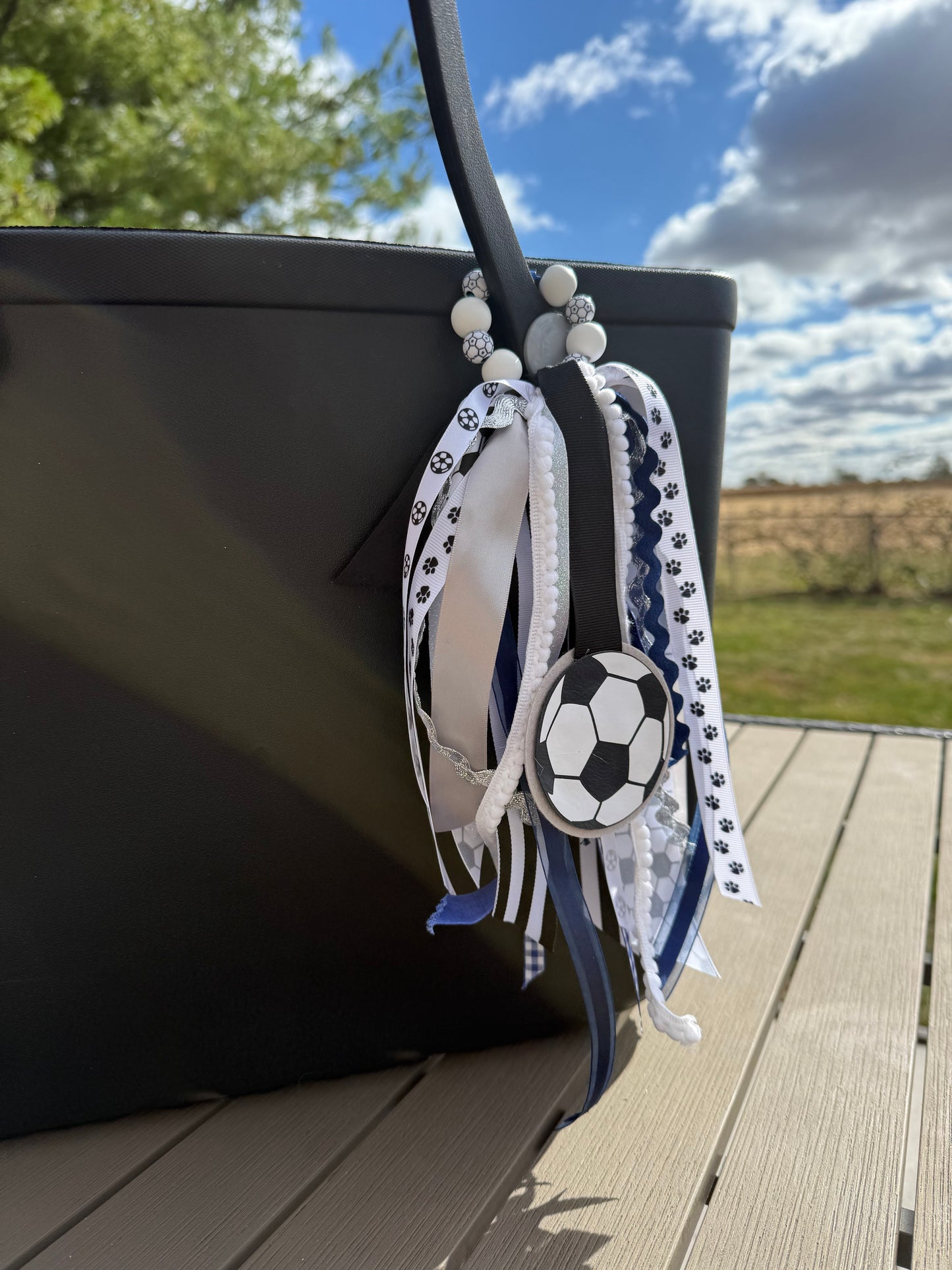 Soccer Bogg Bag Charm — Blue, Black, White, and Silver Ribbon Chain with Wood Beads