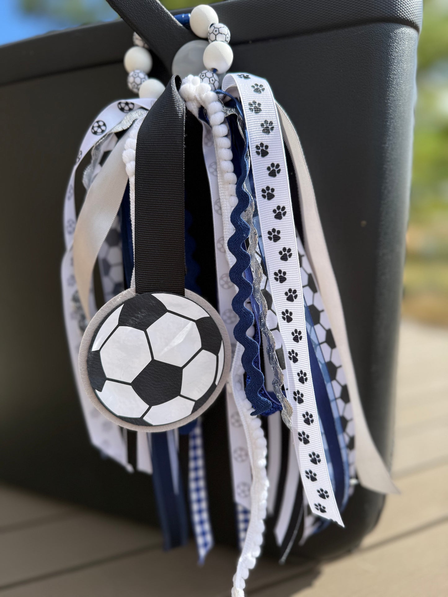 Soccer Bogg Bag Charm — Blue, Black, White, and Silver Ribbon Chain with Wood Beads