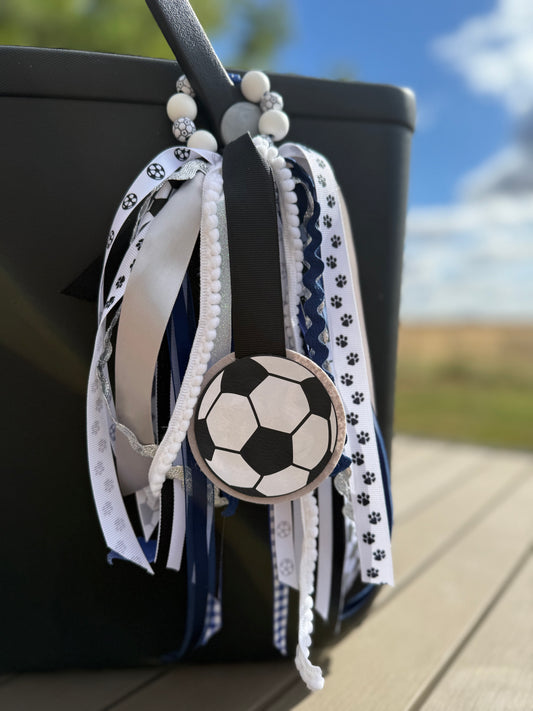 Soccer Bogg Bag Charm — Blue, Black, White, and Silver Ribbon Chain with Wood Beads