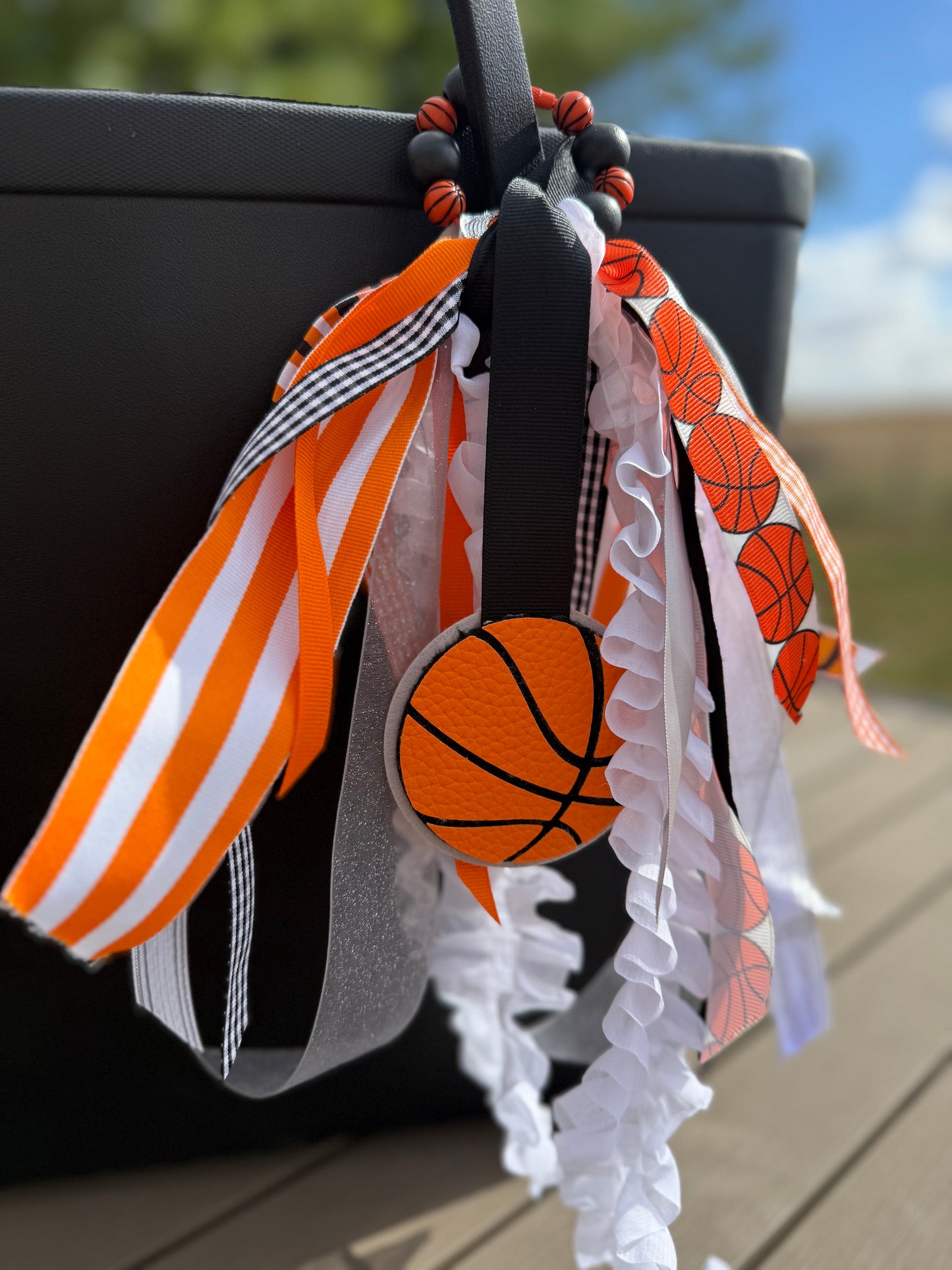 Basketball Bogg Bag Charm — Orange & White Ribbon Chain with Wood Beads