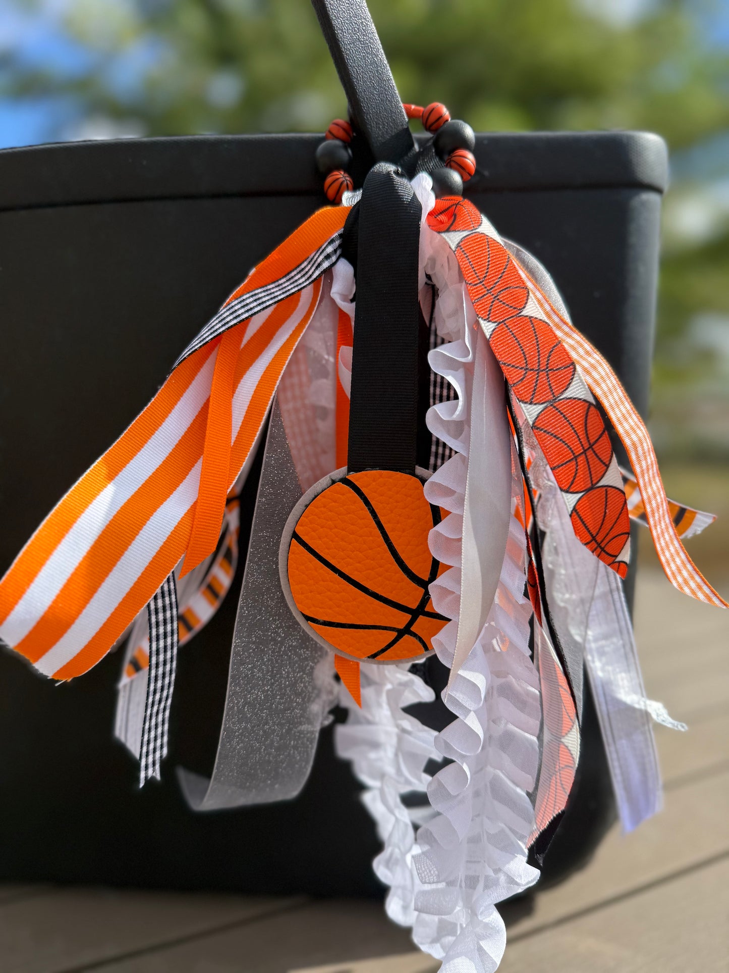 Basketball Bogg Bag Charm — Orange & White Ribbon Chain with Wood Beads