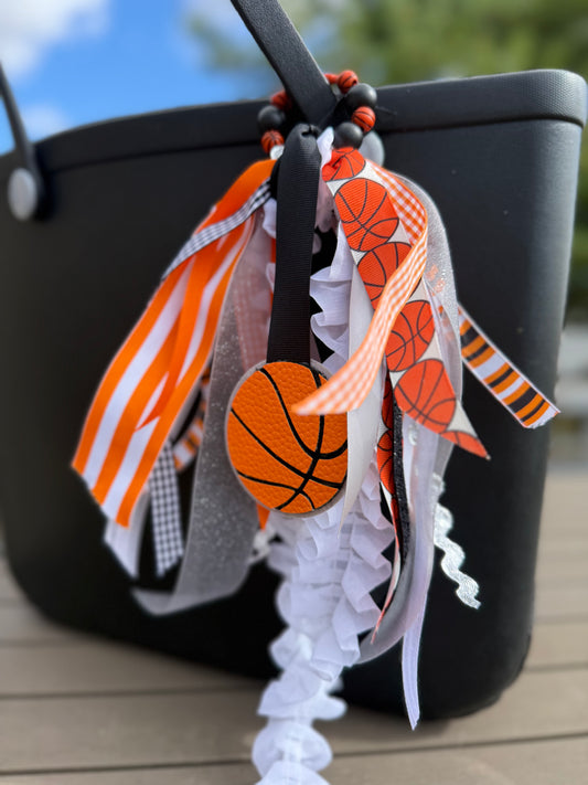 Basketball Bogg Bag Charm — Orange & White Ribbon Chain with Wood Beads