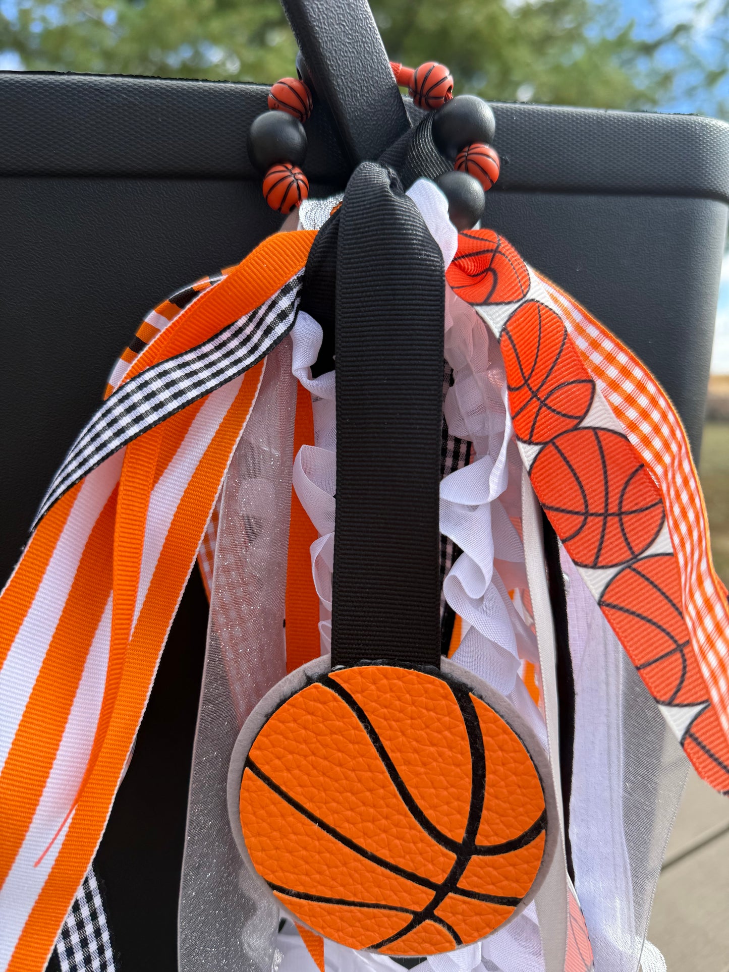 Basketball Bogg Bag Charm — Orange & White Ribbon Chain with Wood Beads