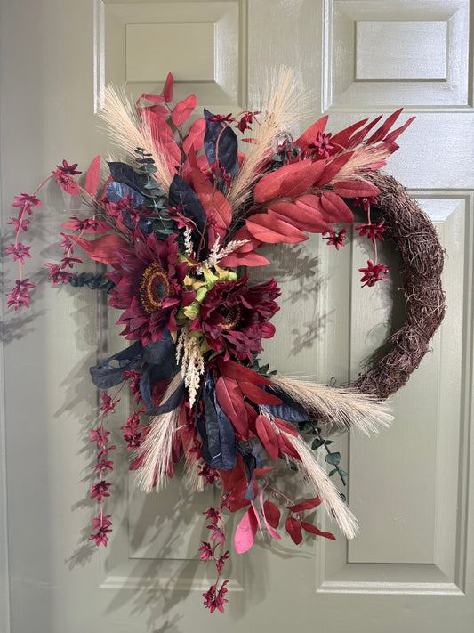 Moody Autumn Wreath in Red, Navy, and Forest Green
