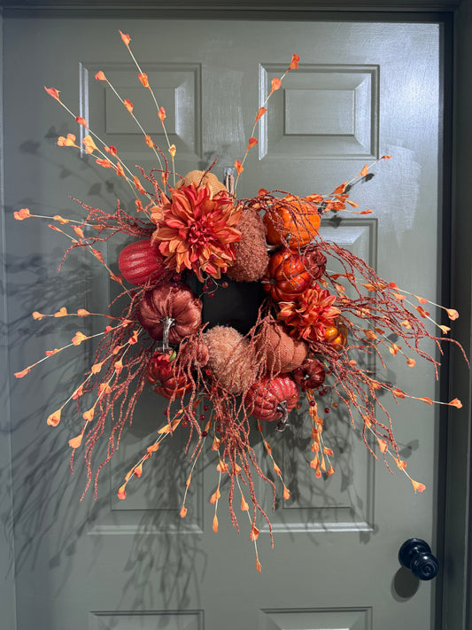Rustic Orange Pumpkin Fall Wreath with Faux Florals