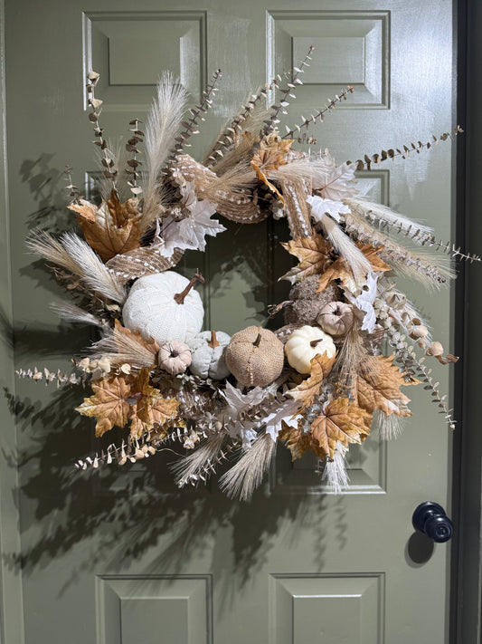 Large White Pumpkin Fall Wreath with Burlap and Eucalyptus