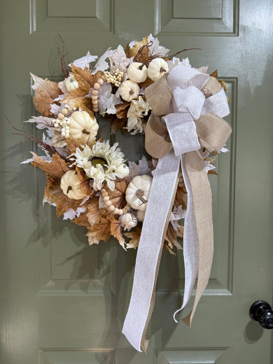 White Pumpkin & Sunflower Fall Wreath with Burlap and Beads