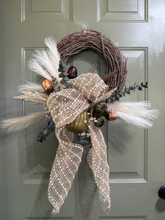 Neutral Farmhouse Fall Wreath with Tan and White Accents
