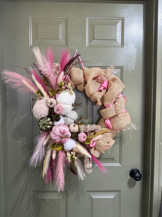 Pink Pumpkin Autumn Wreath with Burlap & Moss Green